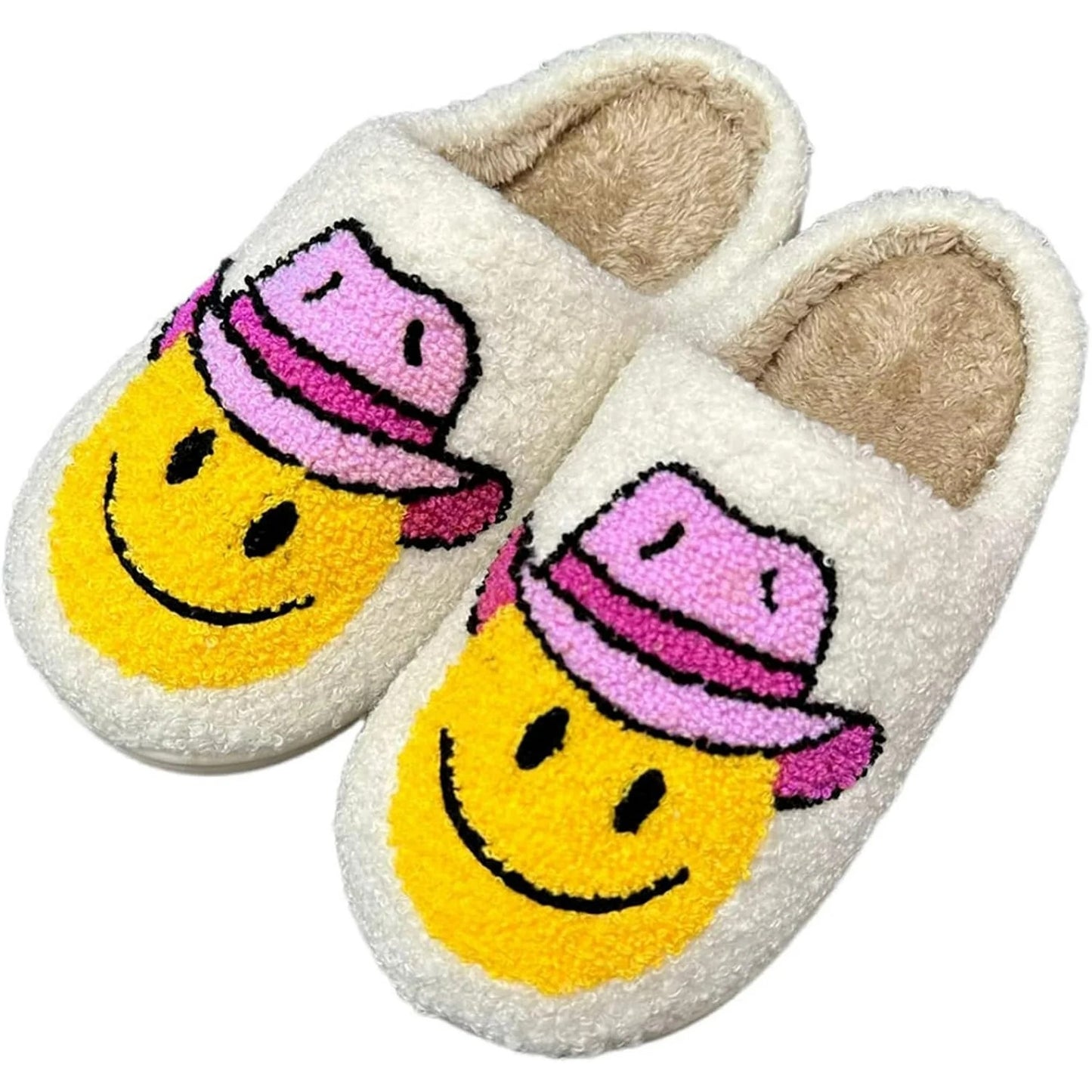 Cowboy Hat Smiley Face Fuzzy Slippers Unisex Cozy Indoor Shoes Size 10