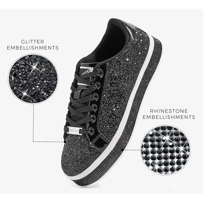 Lucky Step Womens Black Glitter Low-Top Sneakers With Lace-Up Closure & Non-Slip Sole