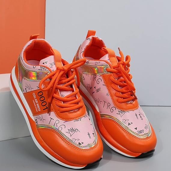 Colorful Lightweight Casual Sneakers With Quirky Print & Orange Accents
