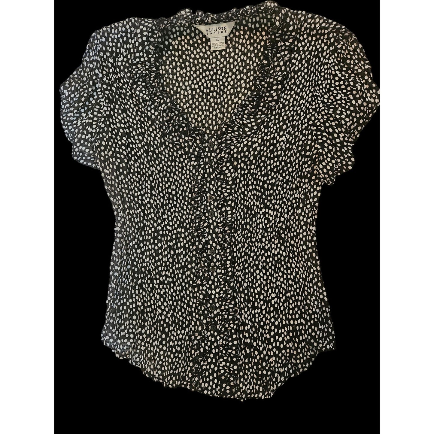 Allison Taylor Black & White Polka Dot Short Sleeve Womens Blouse XL