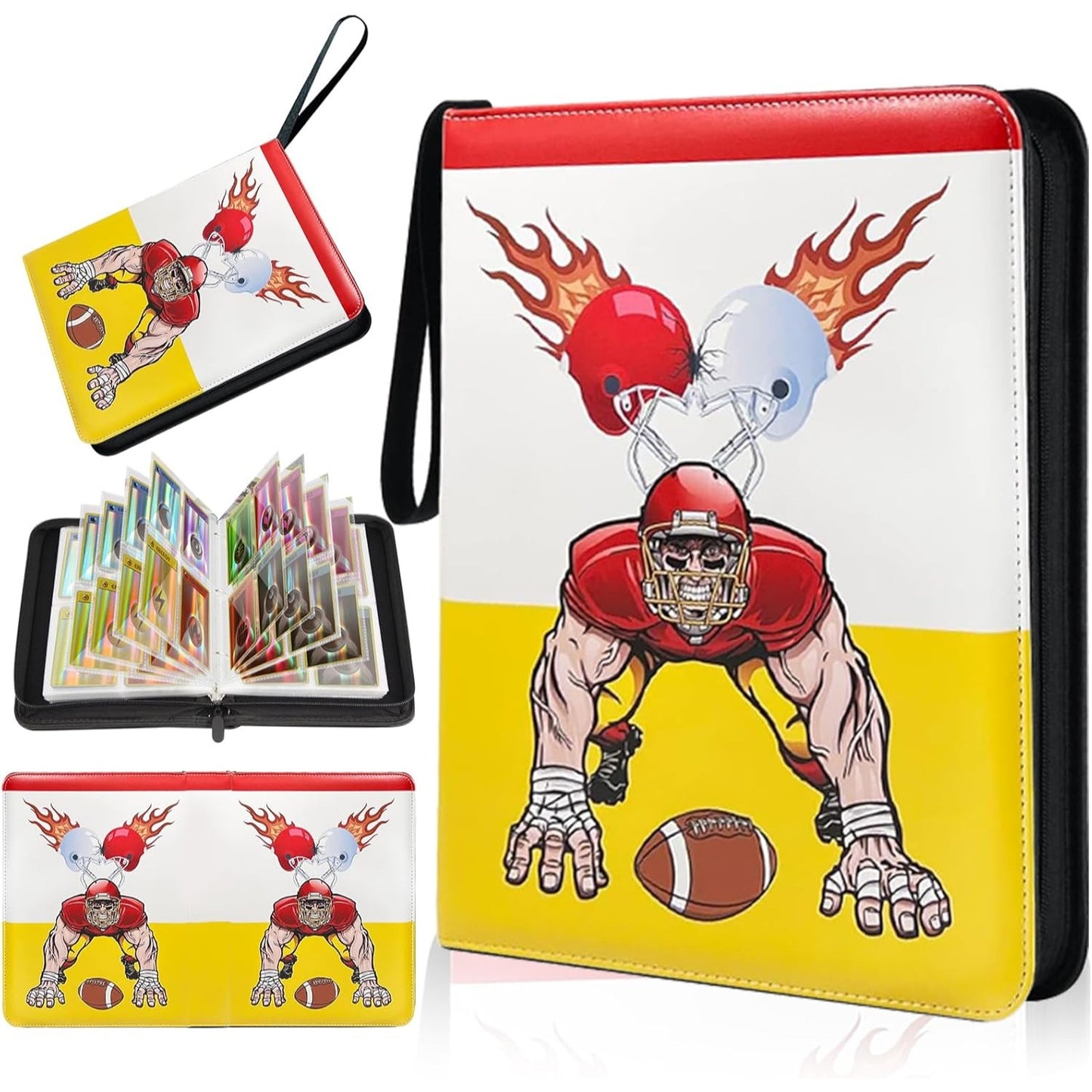Football Legends Trading Card Binder With Flaming Helmets & Player Art  3-Ring Zipper Closure