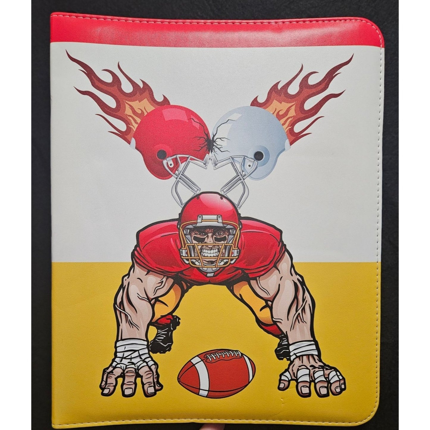 Football Legends Trading Card Binder With Flaming Helmets & Player Art  3-Ring Zipper Closure