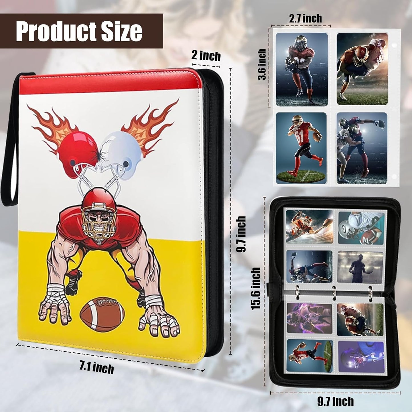 Football Legends Trading Card Binder With Flaming Helmets & Player Art  3-Ring Zipper Closure