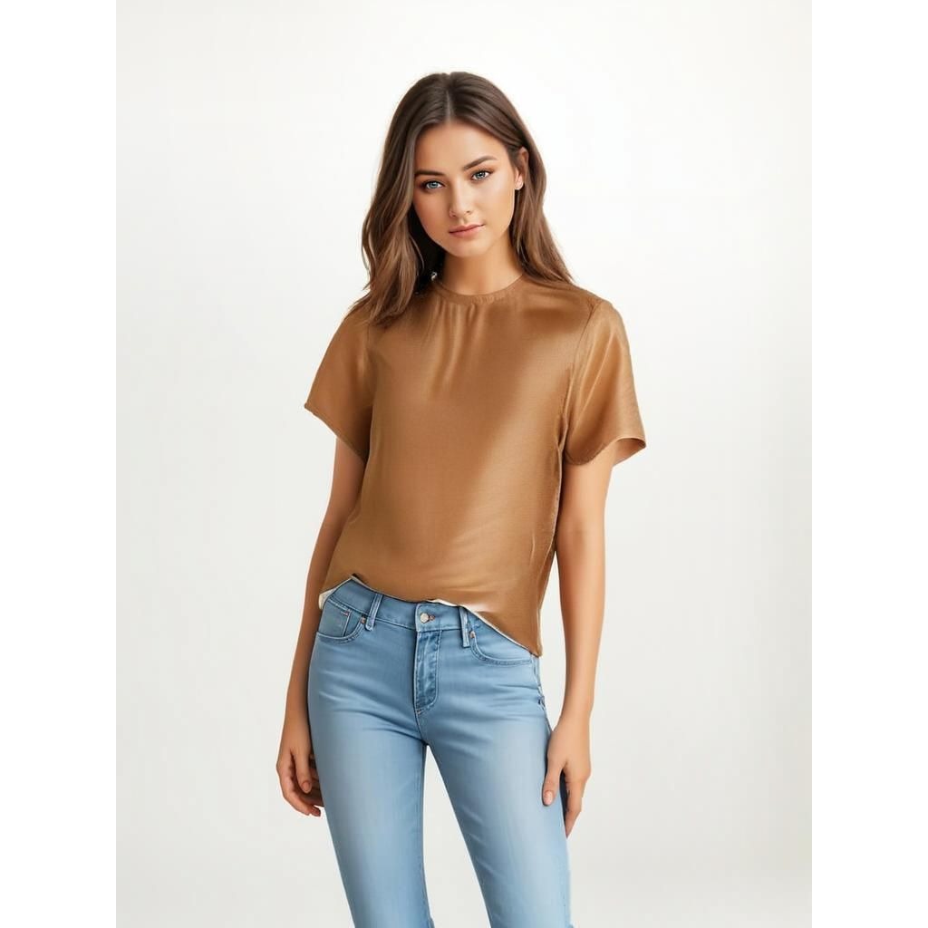 Brown Satin Short Sleeve Top With 80s Shoulder Pads & Back Button Closure M