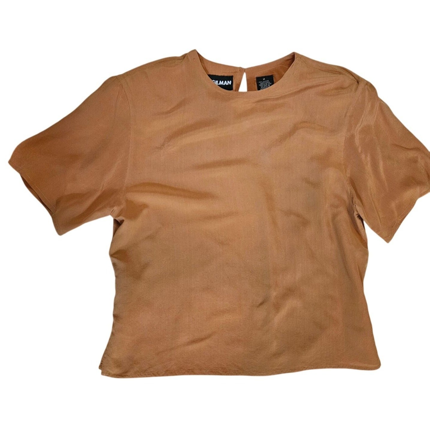 Brown Satin Short Sleeve Top With 80s Shoulder Pads & Back Button Closure M