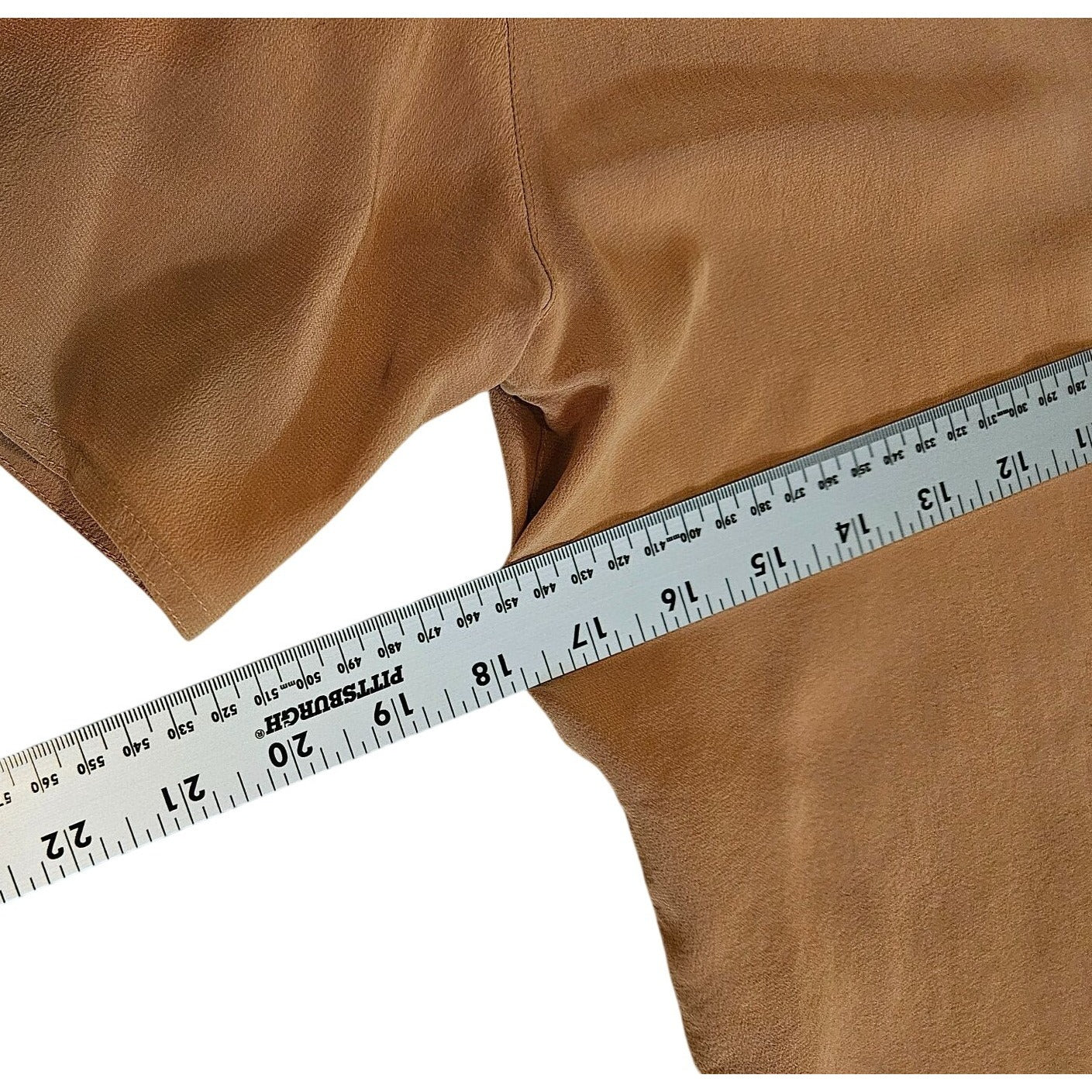 Brown Satin Short Sleeve Top With 80s Shoulder Pads & Back Button Closure M