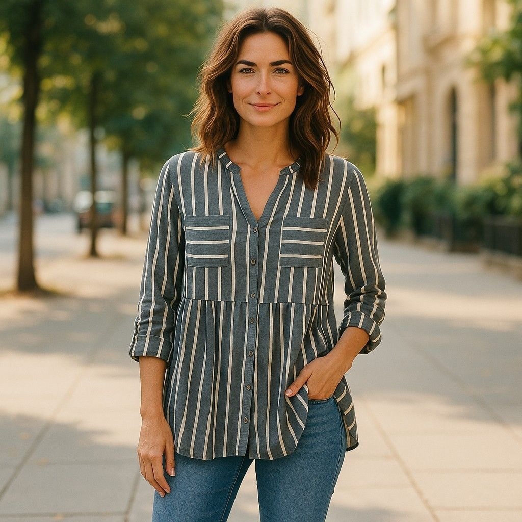 Blue & White Striped Button-Up Tunic Top With Chest Pockets & Long Sleeves