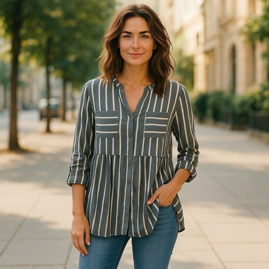 Blue & White Striped Button-Up Tunic Top With Chest Pockets & Long Sleeves