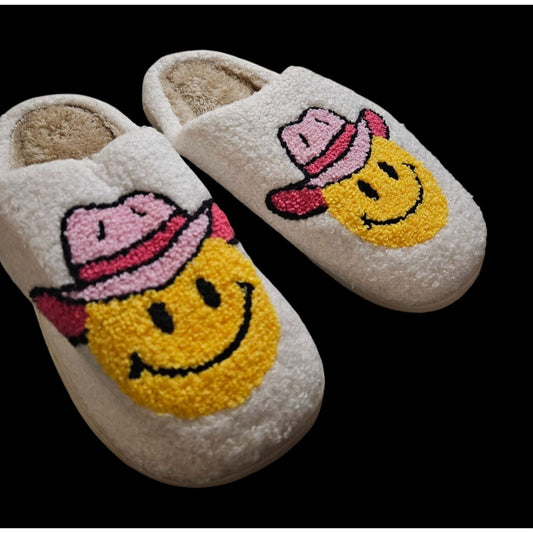 Cowboy Hat Smiley Face Fuzzy Slippers Unisex Cozy Indoor Shoes Size 10