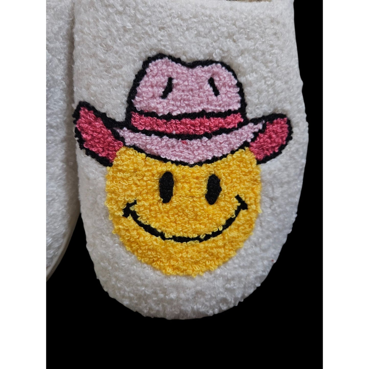Cowboy Hat Smiley Face Fuzzy Slippers Unisex Cozy Indoor Shoes Size 10