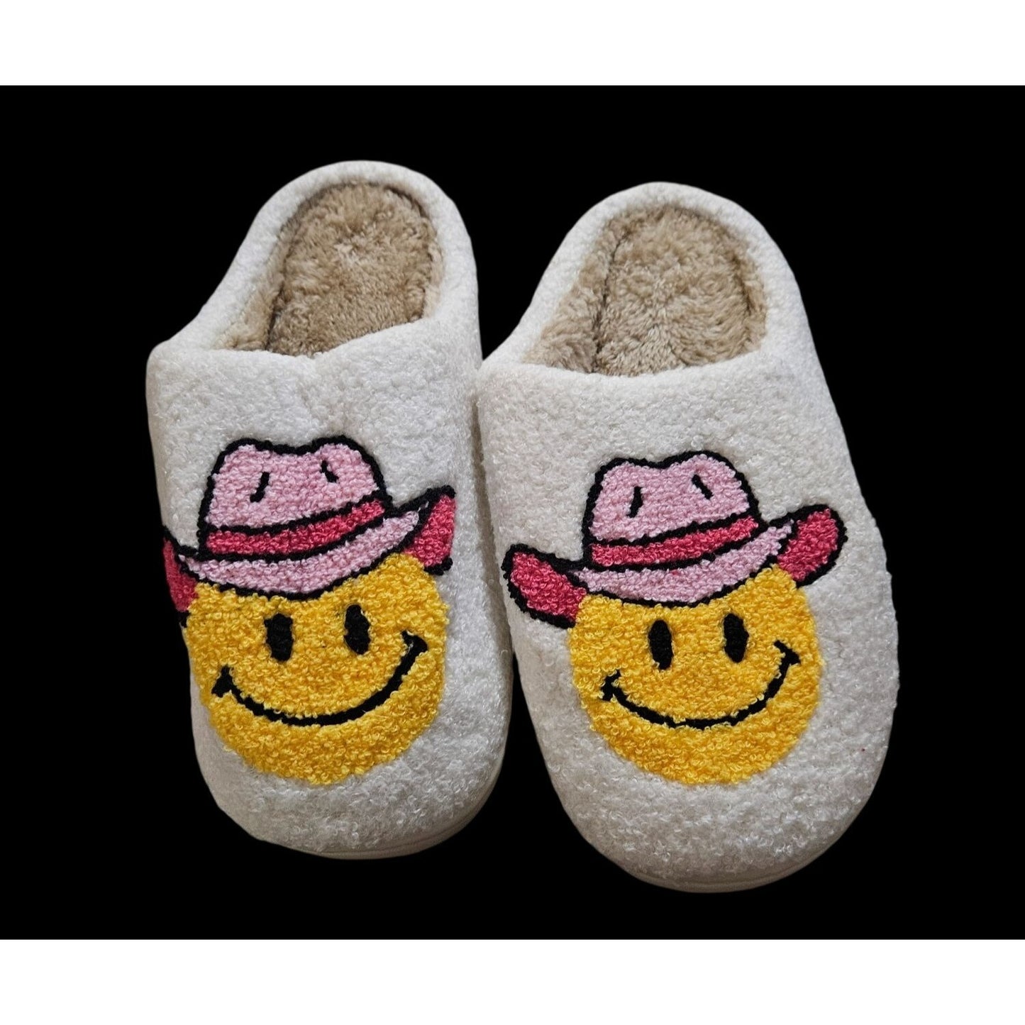 Cowboy Hat Smiley Face Fuzzy Slippers Unisex Cozy Indoor Shoes Size 10