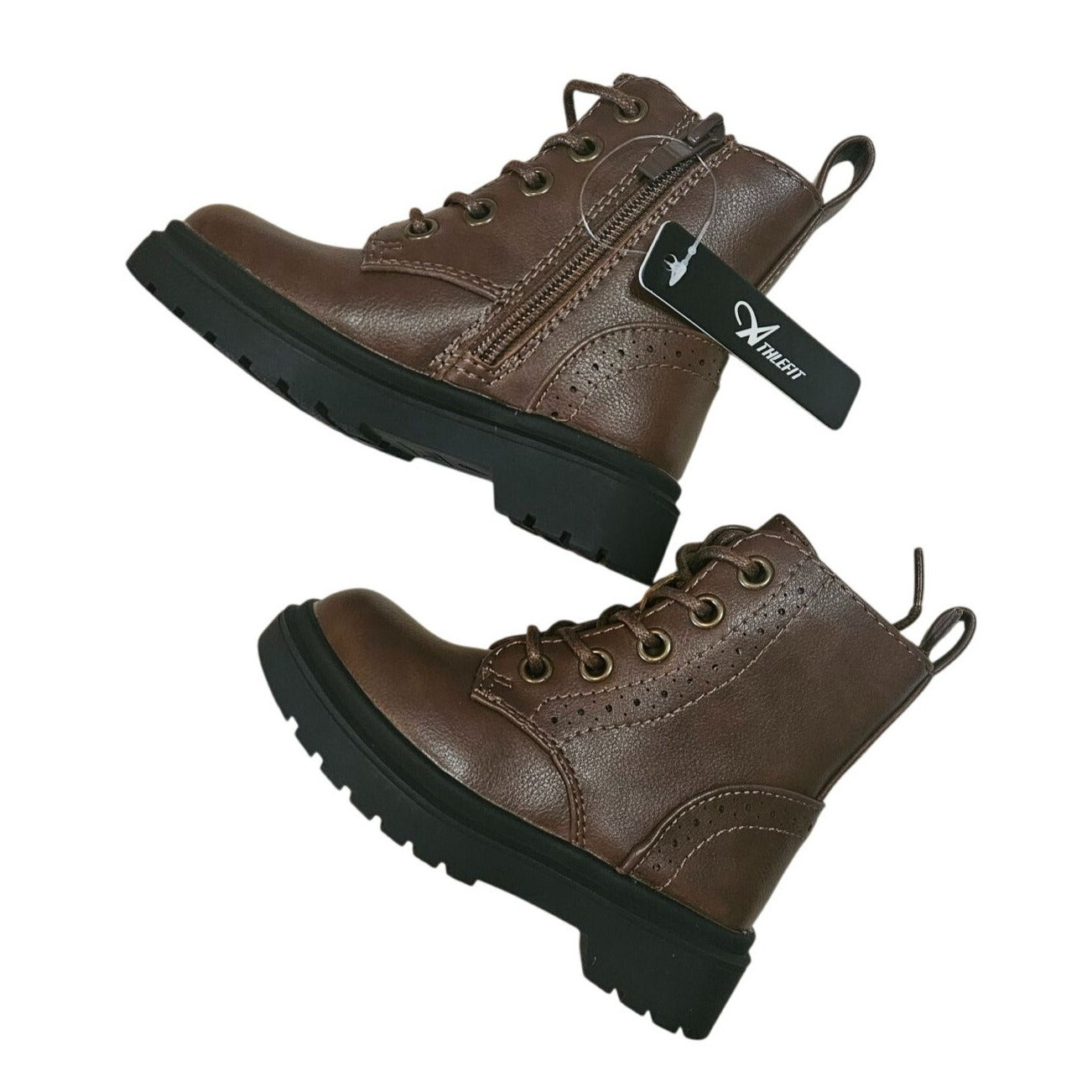 Athlefit Kids Brown Leather Ankle Boots With Side Zipper & Lace-Up Design Size 7 Durable Non-Slip Soles Stylish & Practical