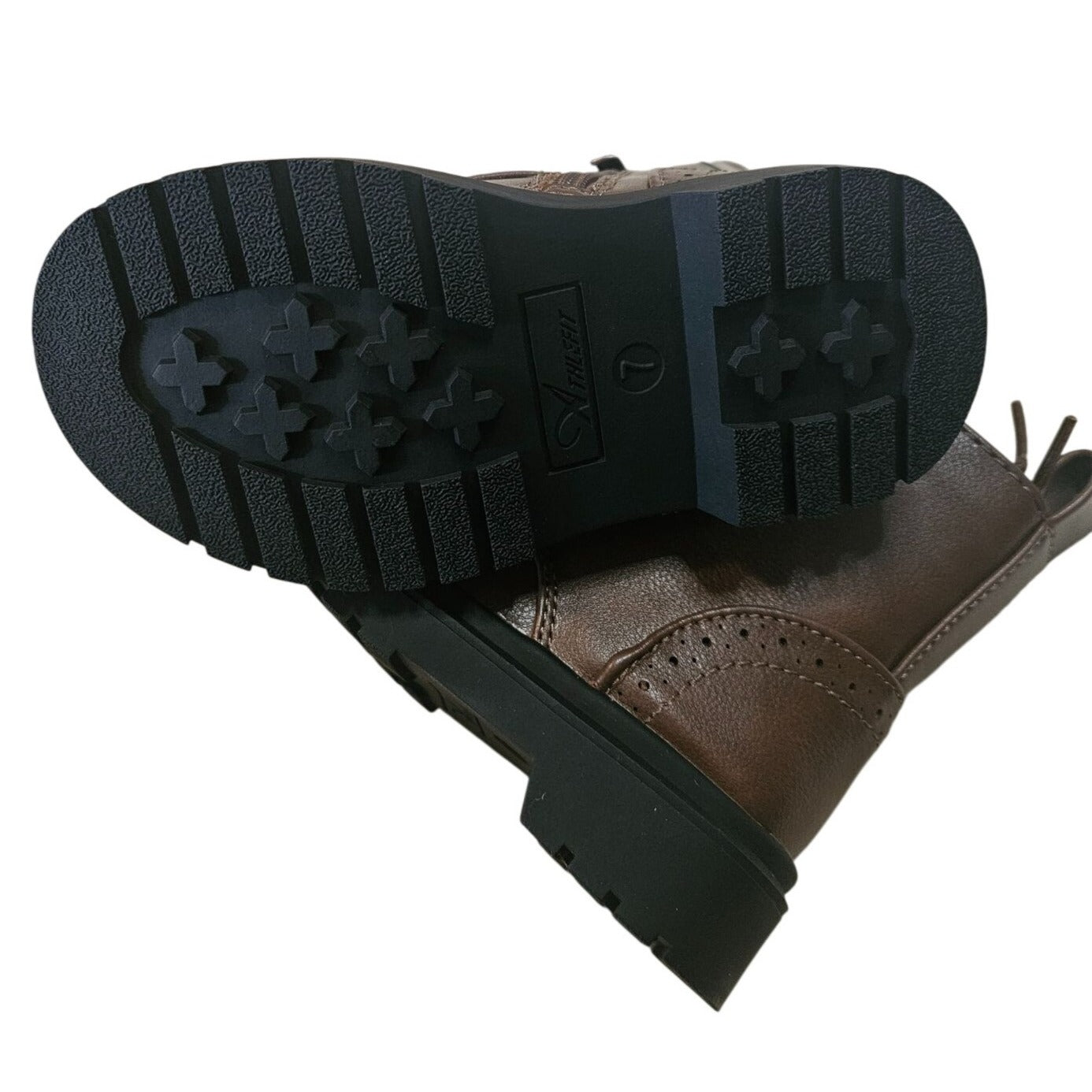 Athlefit Kids Brown Leather Ankle Boots With Side Zipper & Lace-Up Design Size 7 Durable Non-Slip Soles Stylish & Practical