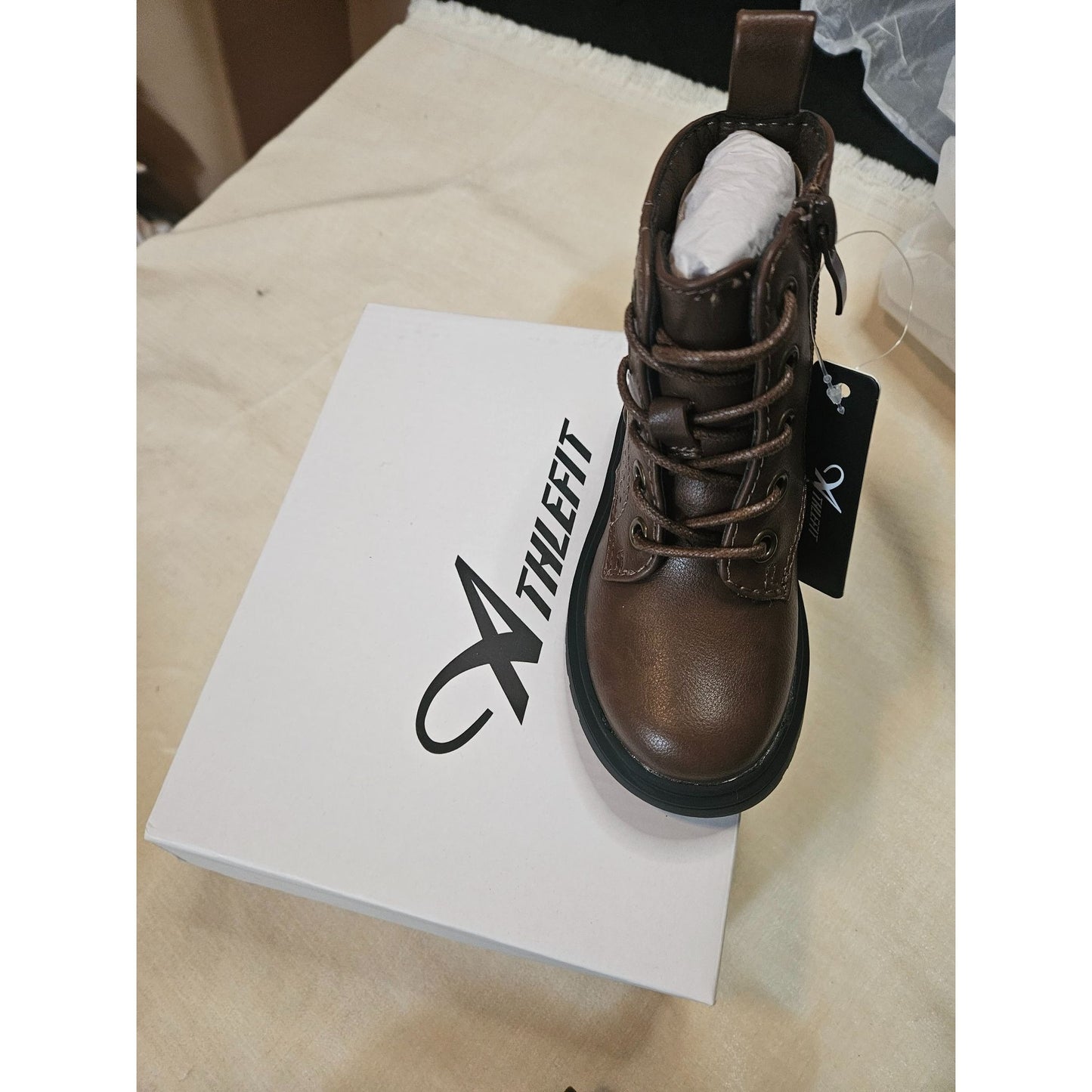 Athlefit Kids Brown Leather Ankle Boots With Side Zipper & Lace-Up Design Size 7 Durable Non-Slip Soles Stylish & Practical