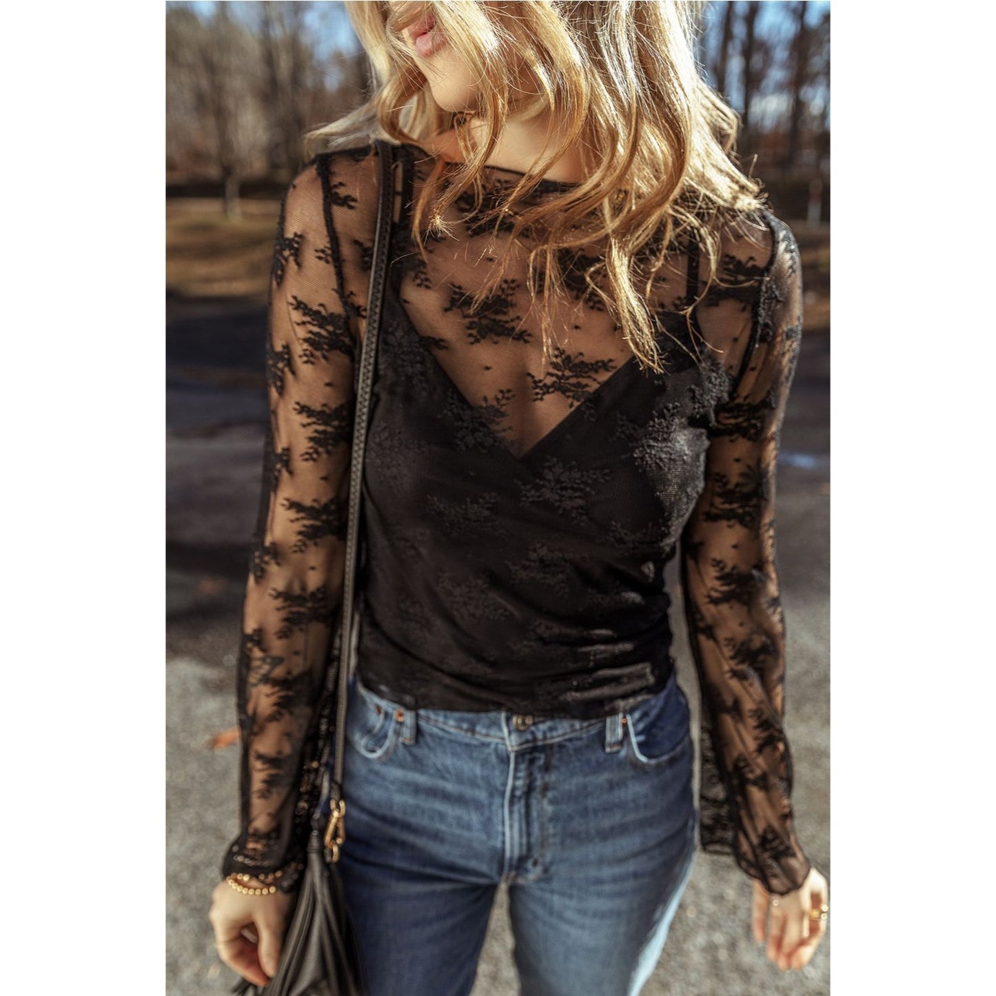 Black Floral Sheer Long Sleeve Top M
