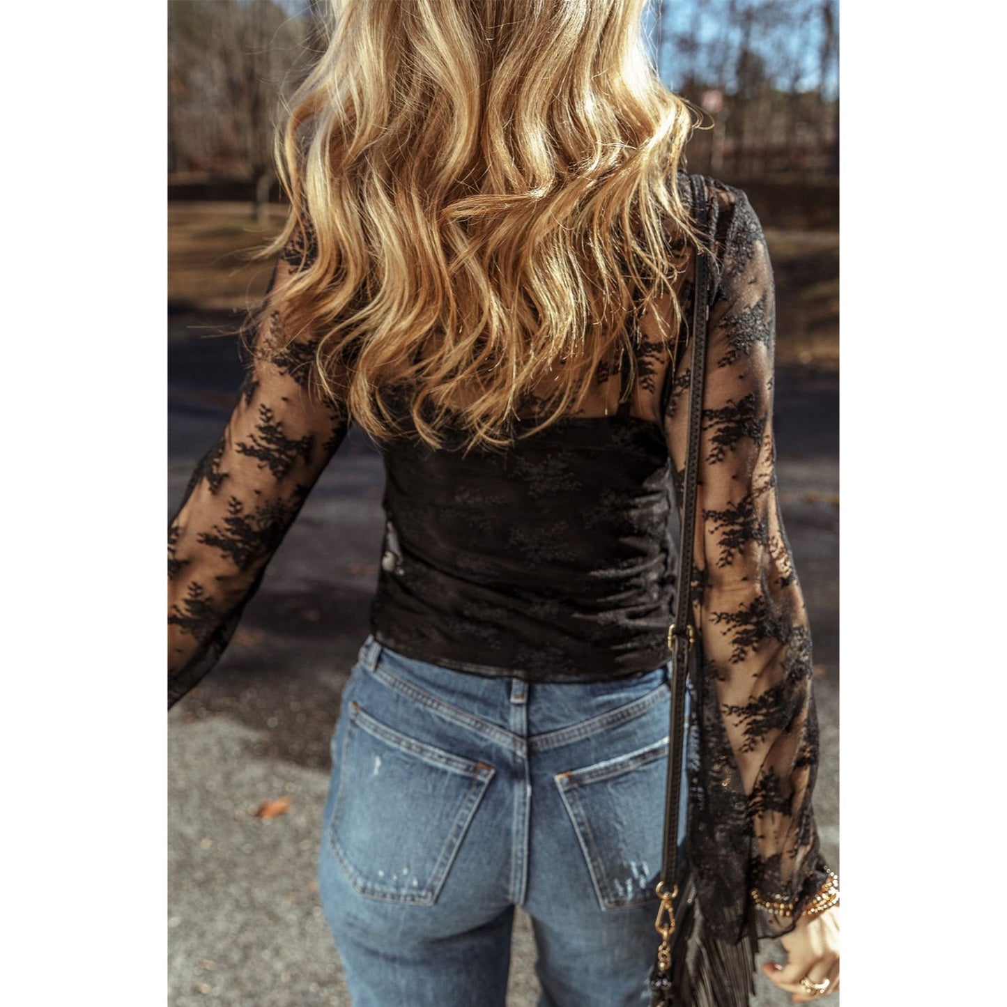 Black Floral Sheer Long Sleeve Top M
