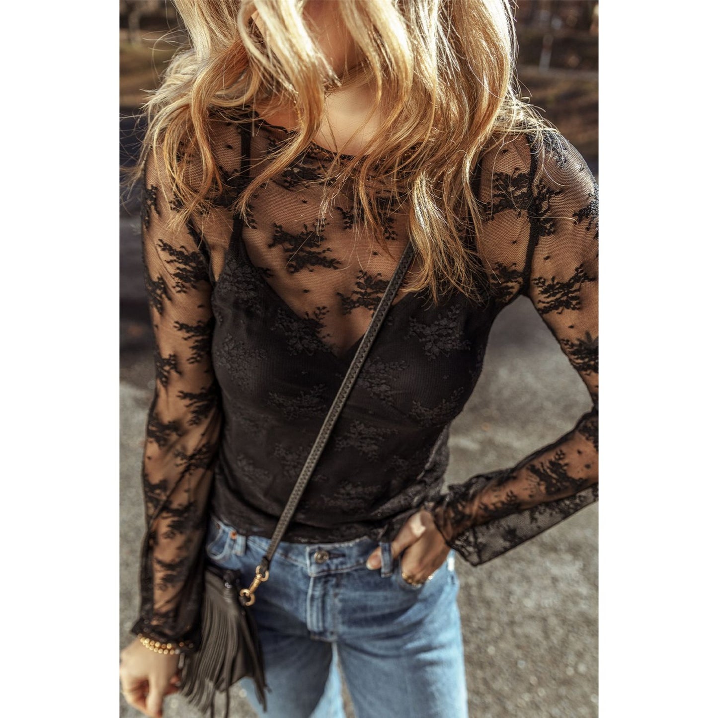 Black Floral Sheer Long Sleeve Top M