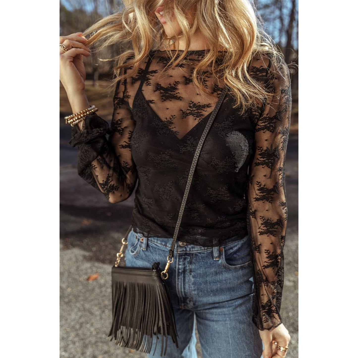 Black Floral Sheer Long Sleeve Top M