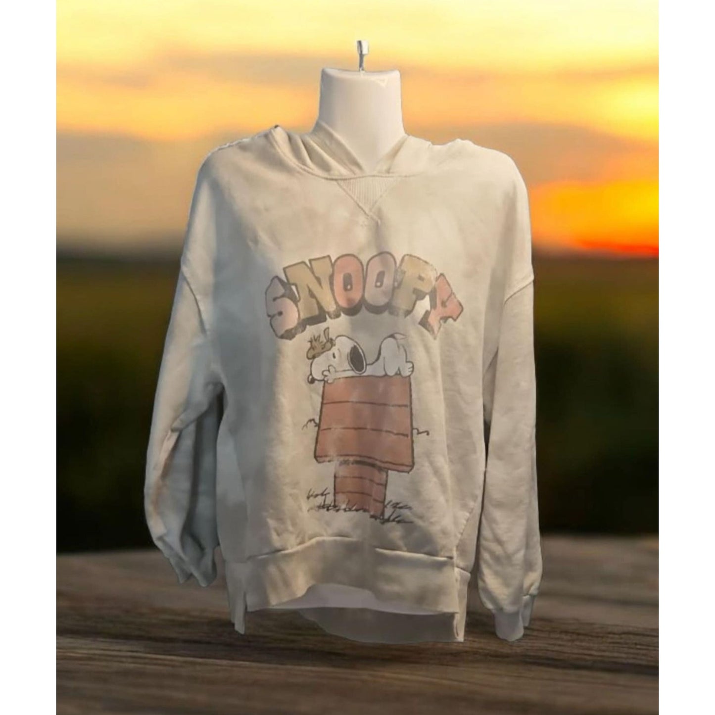 Snoopy Graphic Hoodie Sweatshirt L Peanuts 2021 Cotton/Polyester Blend Beige Casual Pullover