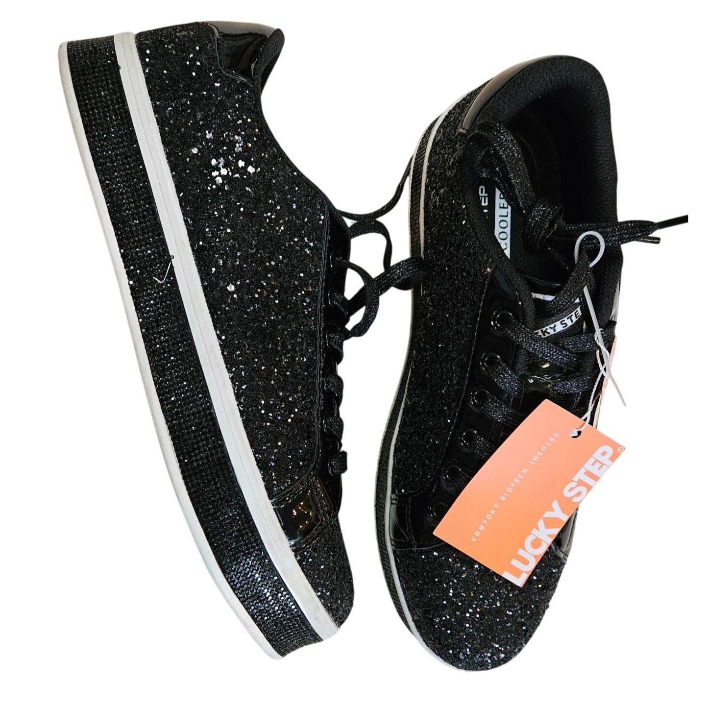 Lucky Step Womens Black Glitter Low-Top Sneakers With Lace-Up Closure & Non-Slip Sole