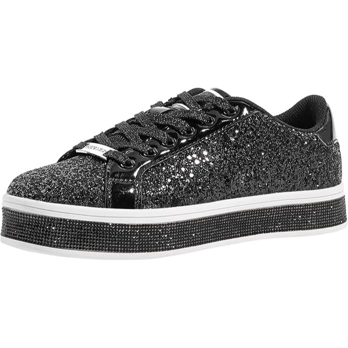 Lucky Step Womens Black Glitter Low-Top Sneakers With Lace-Up Closure & Non-Slip Sole