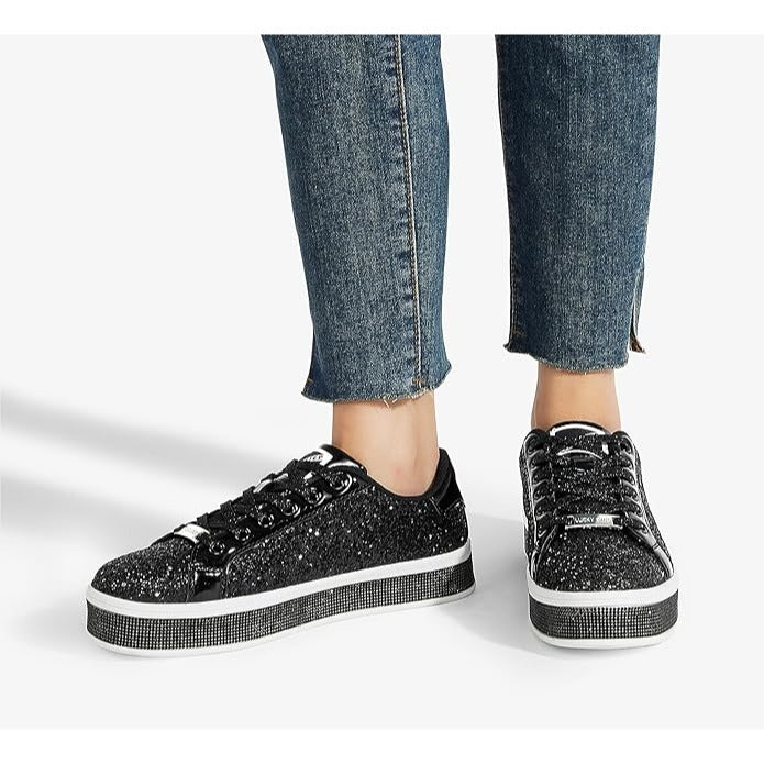 Lucky Step Womens Black Glitter Low-Top Sneakers With Lace-Up Closure & Non-Slip Sole