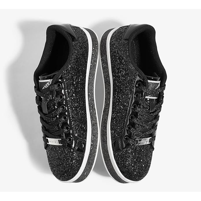 Lucky Step Womens Black Glitter Low-Top Sneakers With Lace-Up Closure & Non-Slip Sole