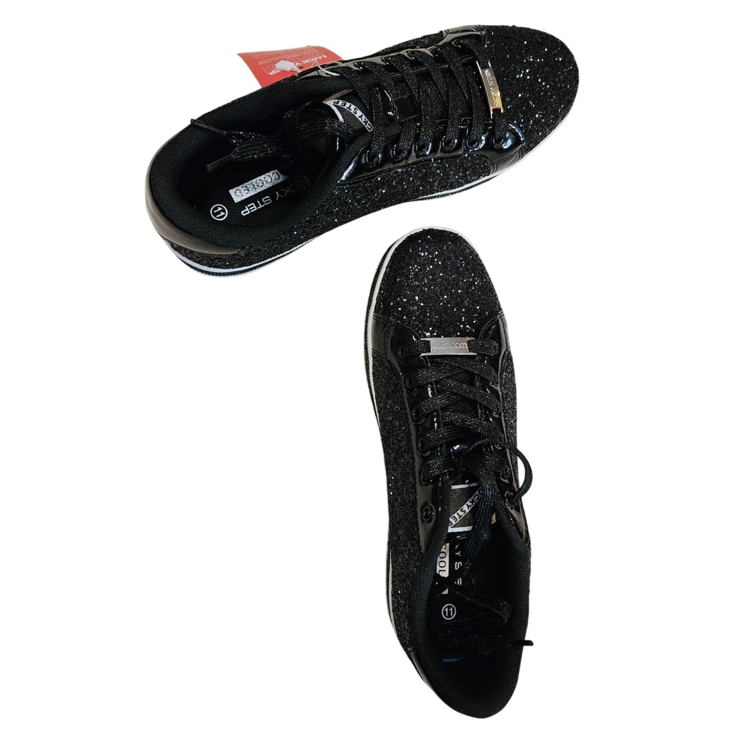 Lucky Step Womens Black Glitter Low-Top Sneakers With Lace-Up Closure & Non-Slip Sole