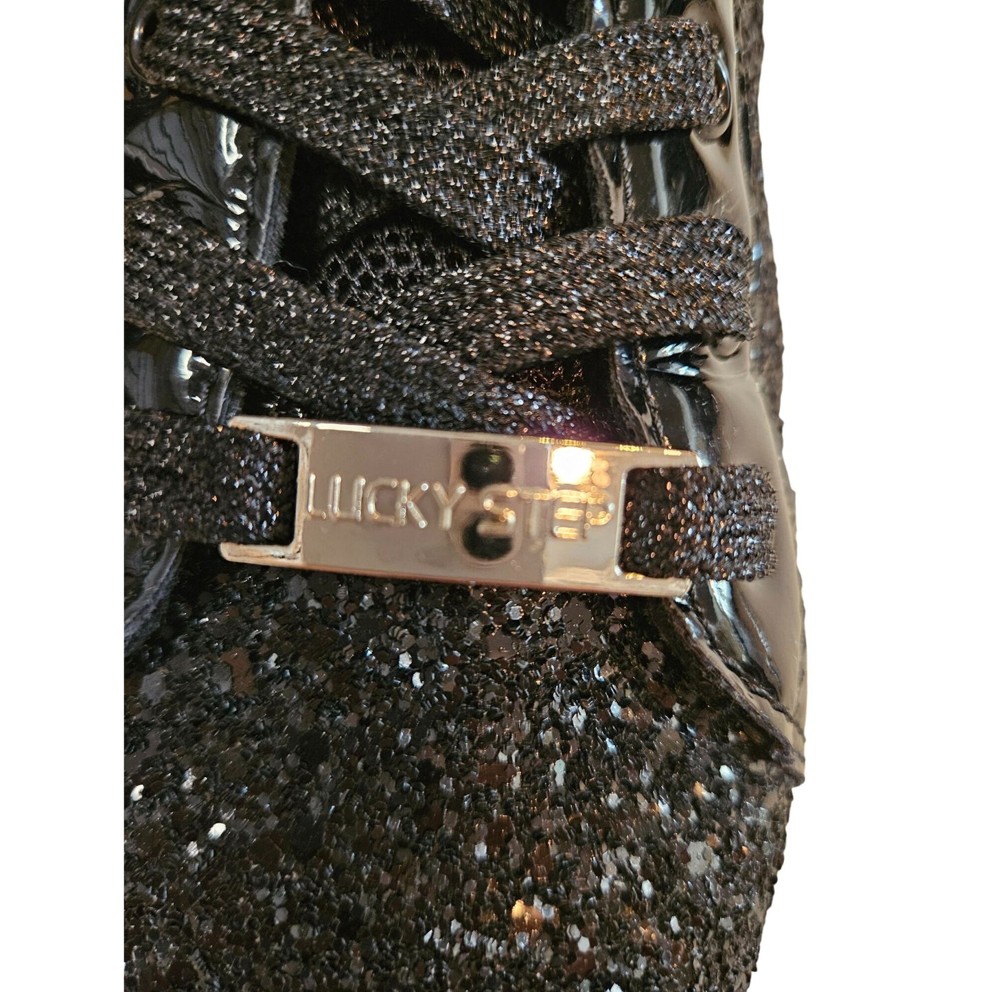 Lucky Step Womens Black Glitter Low-Top Sneakers With Lace-Up Closure & Non-Slip Sole