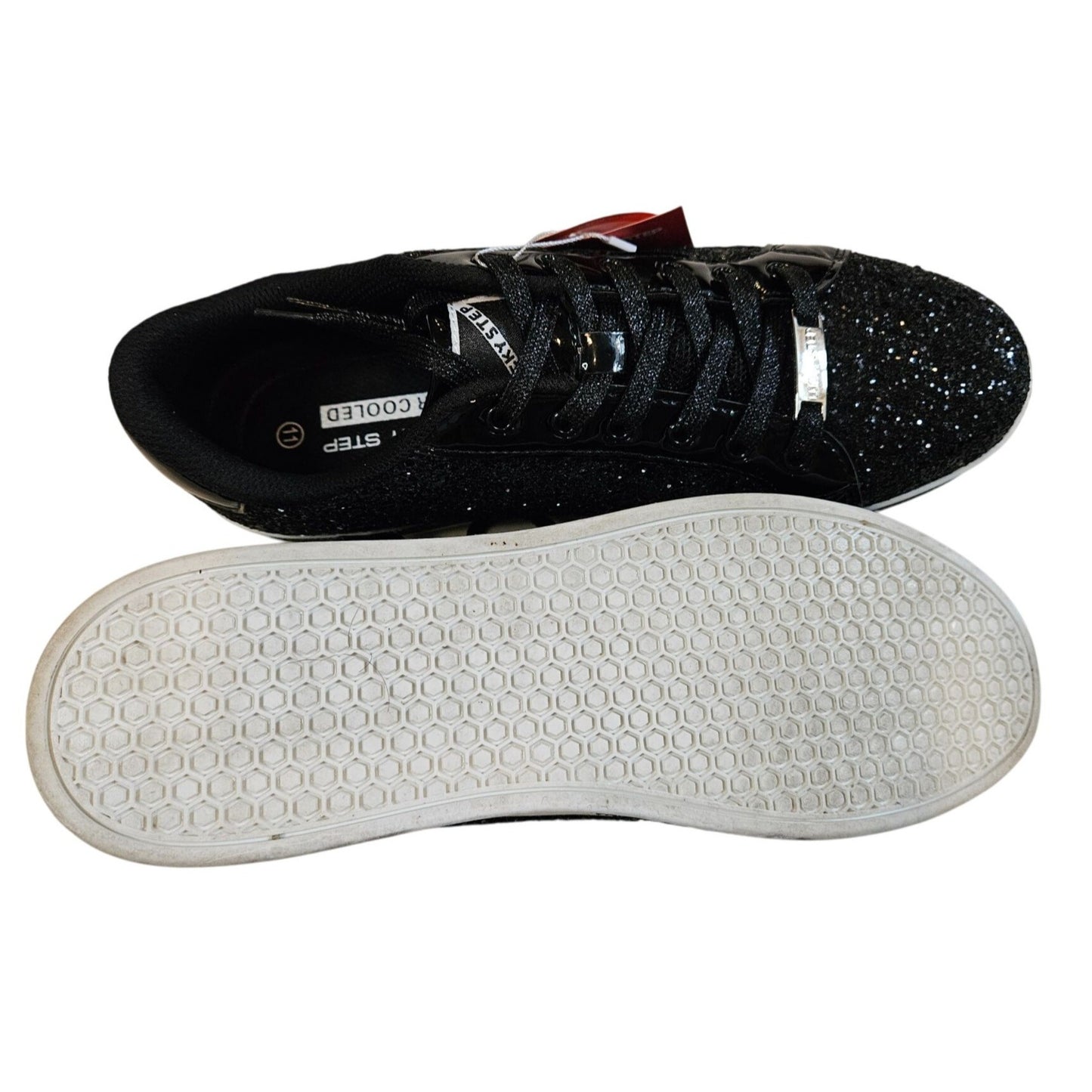 Lucky Step Womens Black Glitter Low-Top Sneakers With Lace-Up Closure & Non-Slip Sole