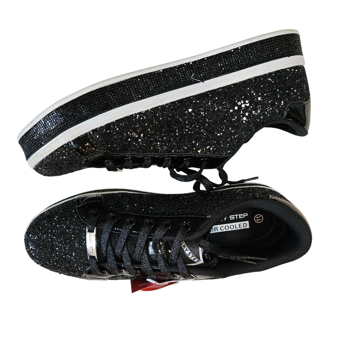 Lucky Step Womens Black Glitter Low-Top Sneakers With Lace-Up Closure & Non-Slip Sole