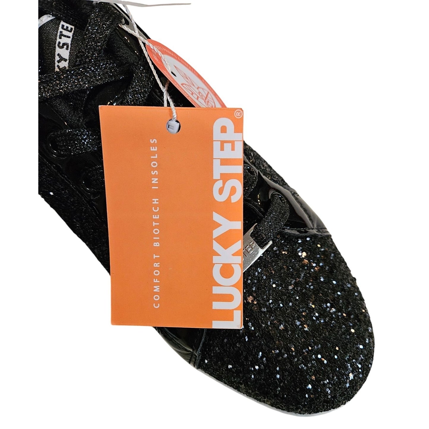 Lucky Step Womens Black Glitter Low-Top Sneakers With Lace-Up Closure & Non-Slip Sole
