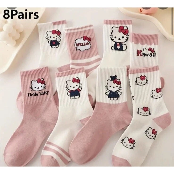 8 Pairs Hello Kitty Cotton Crew Socks For Girls Pink & White Kawaii Design size 4-6