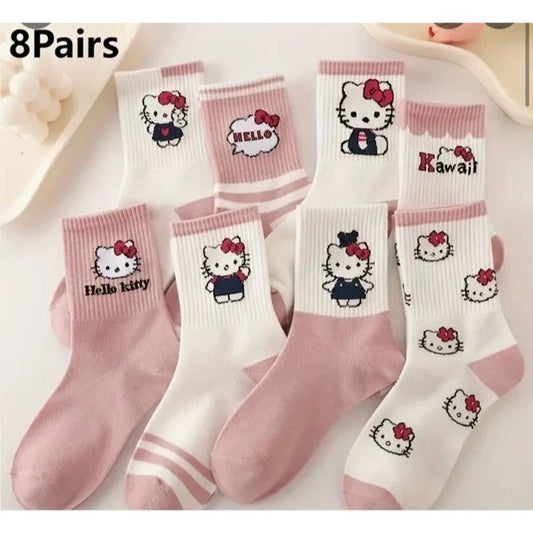 8 Pairs Hello Kitty Cotton Crew Socks For Girls Pink & White Kawaii Design size 4-6