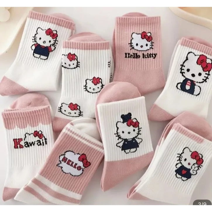 8 Pairs Hello Kitty Cotton Crew Socks For Girls Pink & White Kawaii Design size 4-6