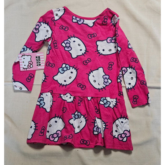 Hello Kitty Girls Pink Long-Sleeve Dress With Ruffled Skirt Size 3T Made By Sanrio