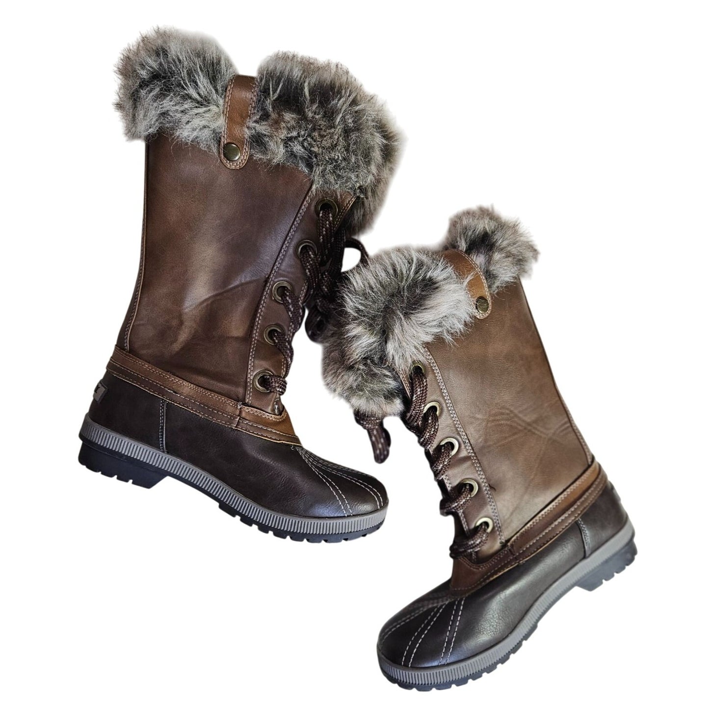 Brown Faux Leather & Fur-Lined Winter Snow Boots By Sugar Lace-Up Durable Outsole Womens Size 9 Stylish & Warm Outdoor Footwear