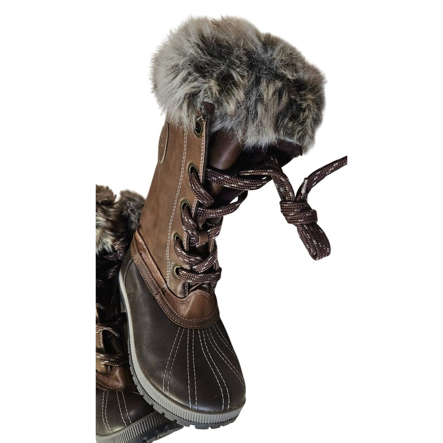 Brown Faux Leather & Fur-Lined Winter Snow Boots By Sugar Lace-Up Durable Outsole Womens Size 9 Stylish & Warm Outdoor Footwear