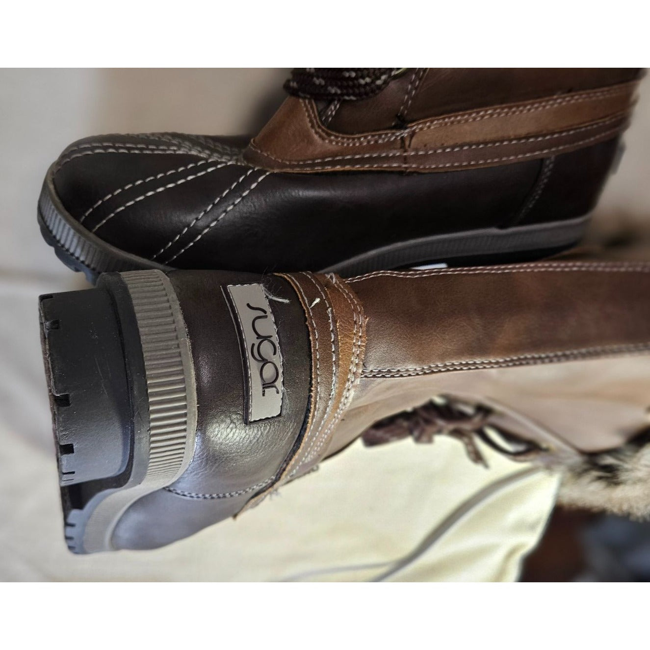 Brown Faux Leather & Fur-Lined Winter Snow Boots By Sugar Lace-Up Durable Outsole Womens Size 9 Stylish & Warm Outdoor Footwear