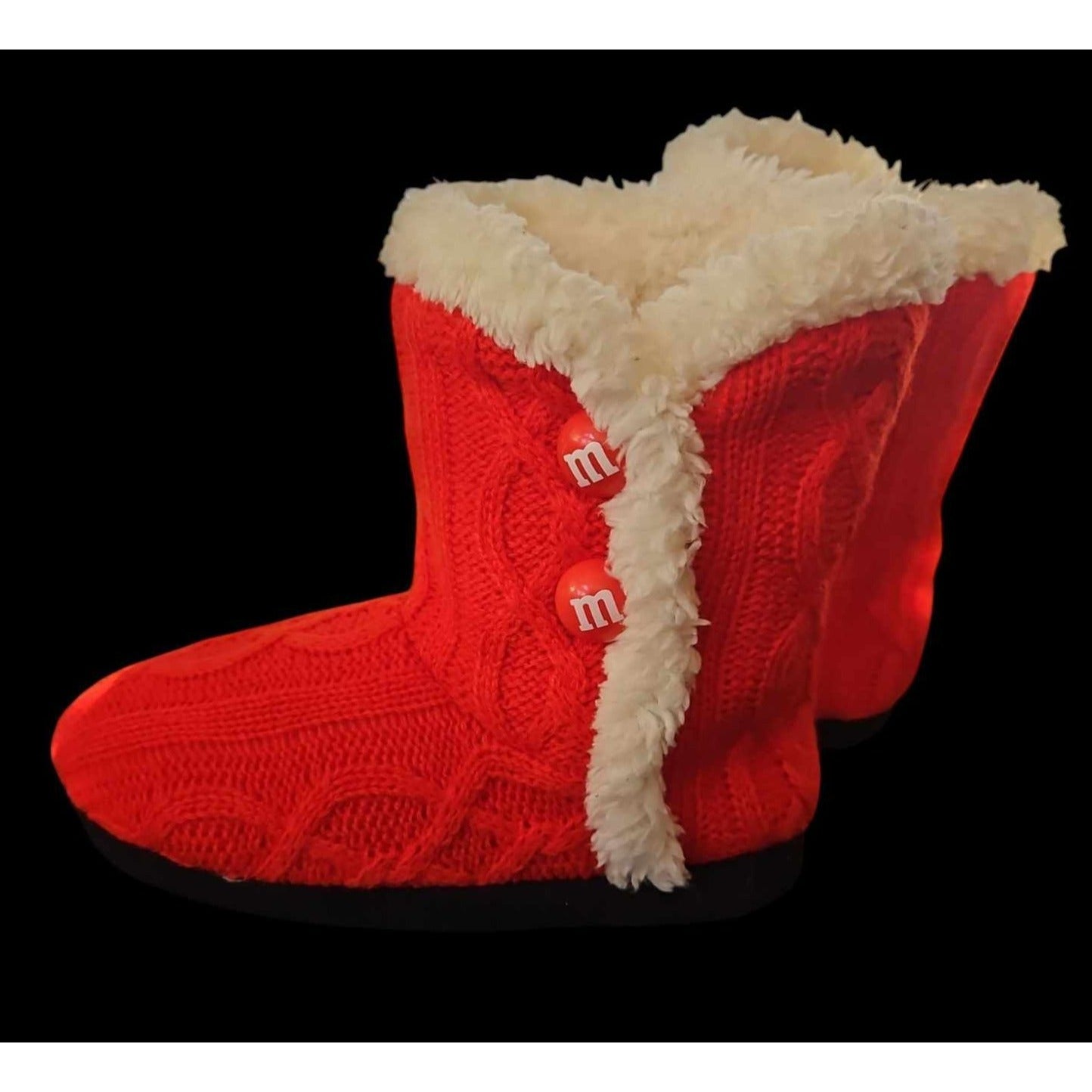 M&Ms Youth Indoor Cozy Cable Knit Slipper Boots Red S/M With Faux Fur Trim & Rubber Soles