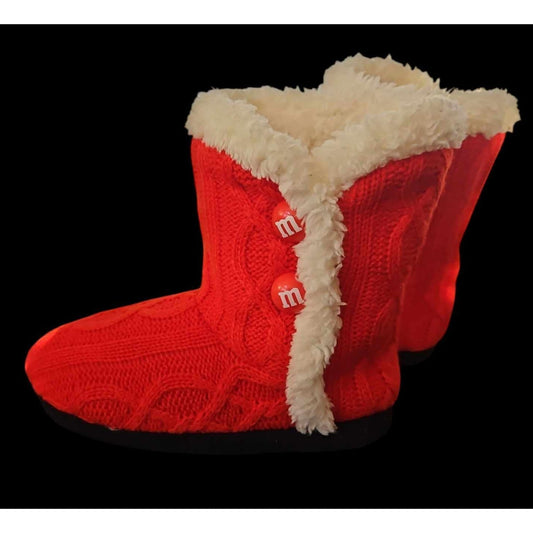 M&Ms Youth Indoor Cozy Cable Knit Slipper Boots Red S/M With Faux Fur Trim & Rubber Soles