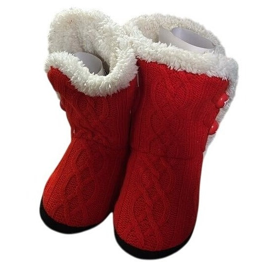 M&Ms Youth Indoor Cozy Cable Knit Slipper Boots Red S/M With Faux Fur Trim & Rubber Soles