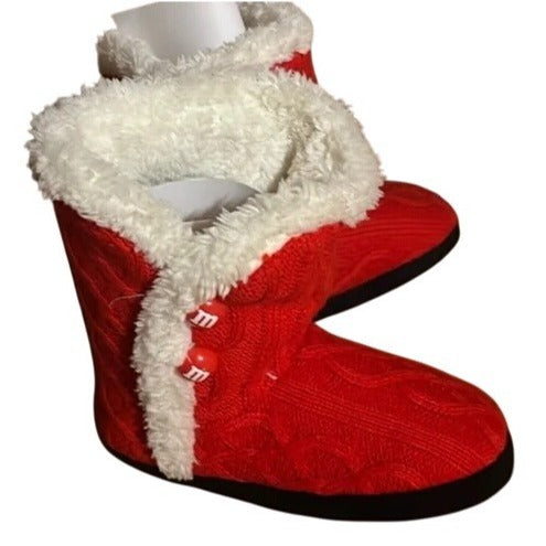 M&Ms Youth Indoor Cozy Cable Knit Slipper Boots Red S/M With Faux Fur Trim & Rubber Soles