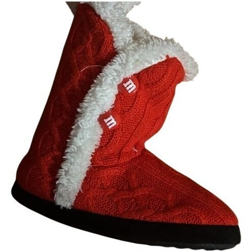 M&Ms Youth Indoor Cozy Cable Knit Slipper Boots Red S/M With Faux Fur Trim & Rubber Soles
