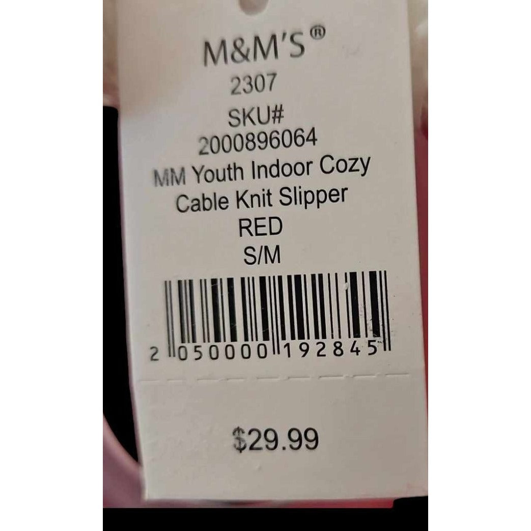 M&Ms Youth Indoor Cozy Cable Knit Slipper Boots Red S/M With Faux Fur Trim & Rubber Soles