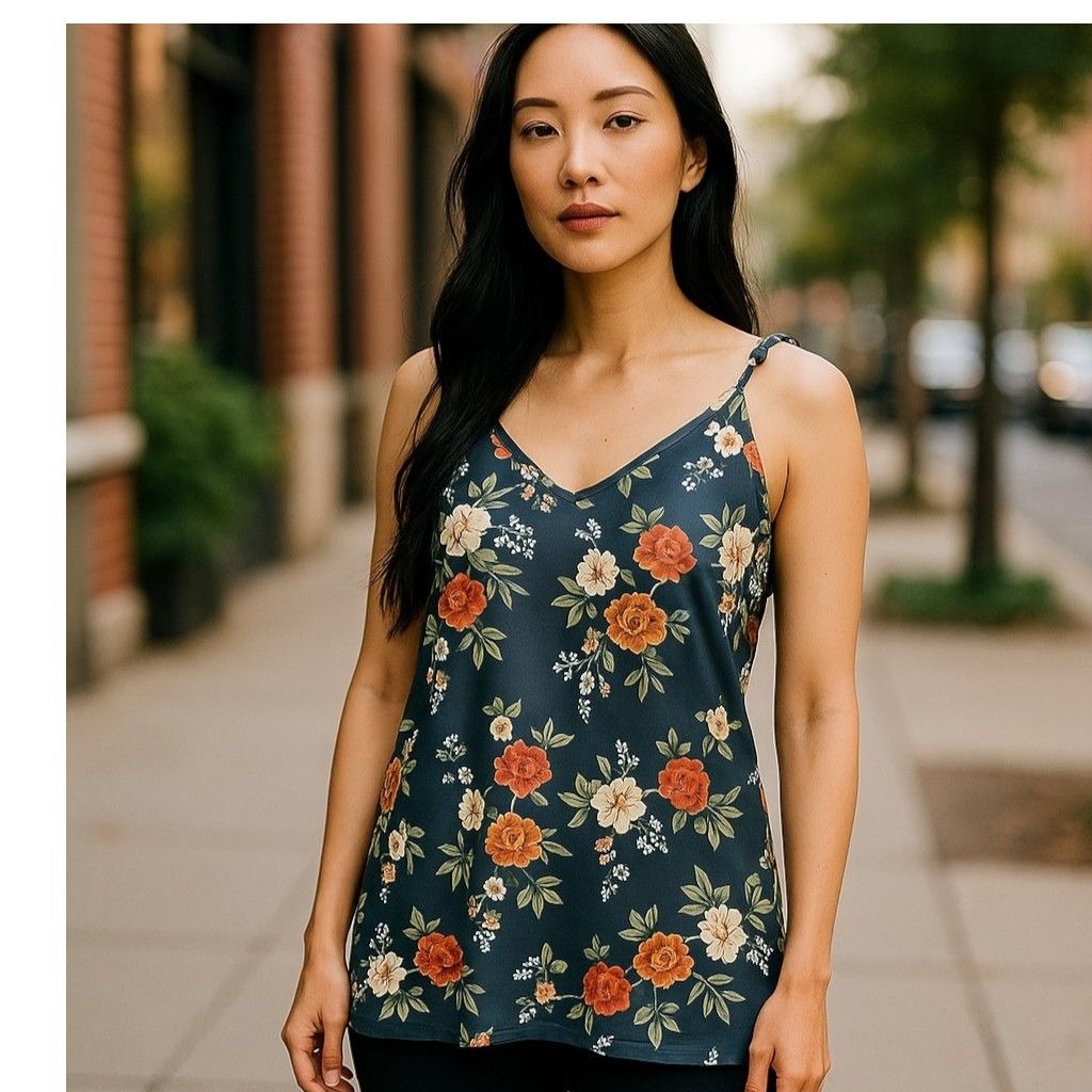 Floral Print Navy Blue Sleeveless Camisole Top Women’s Adjustable Straps Lightweight Casual Wear