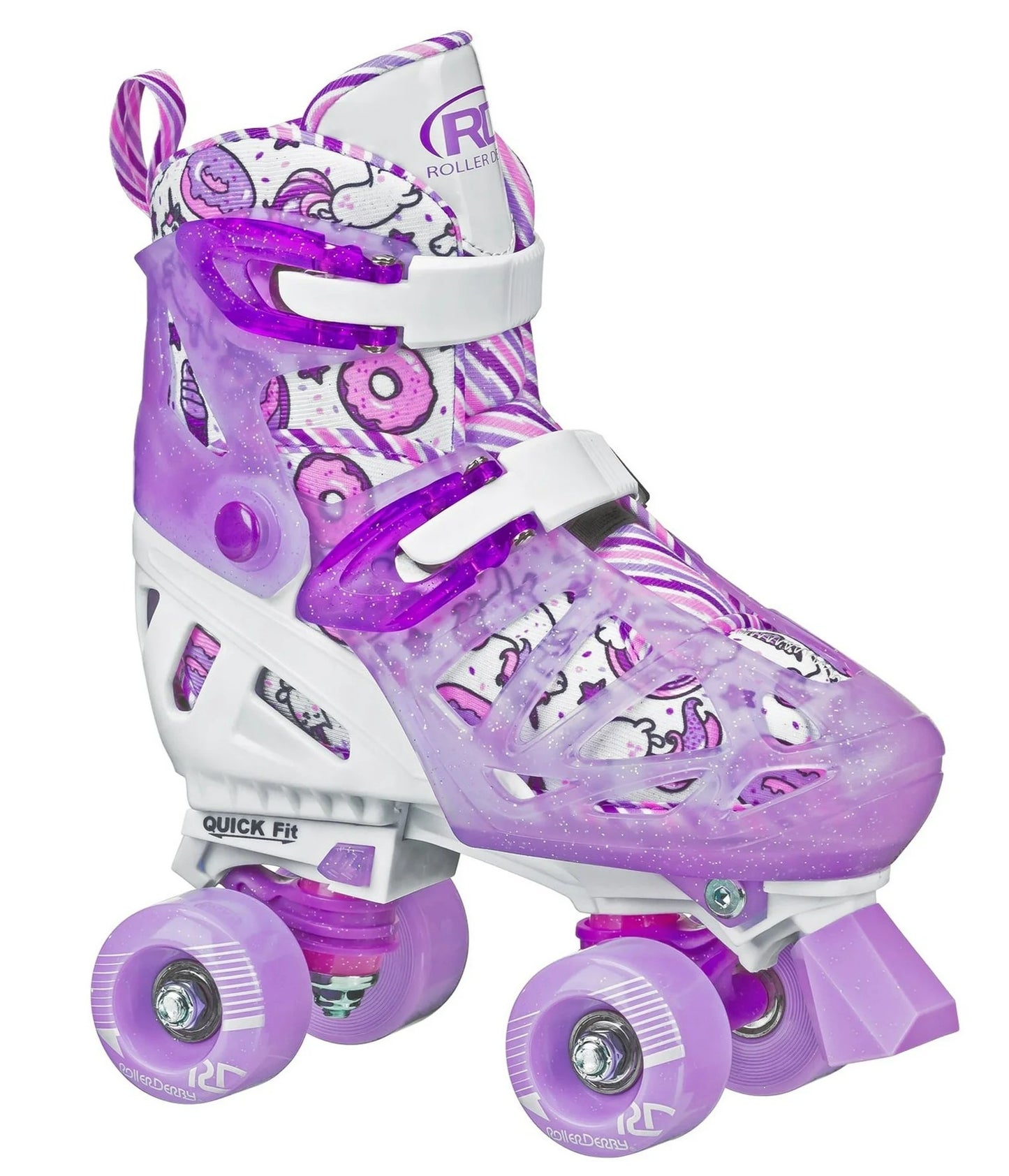 Roller Derby Adjustable Quad Skates For Kids Size 12-2 Purple/White Glitter Design Quick Fit System