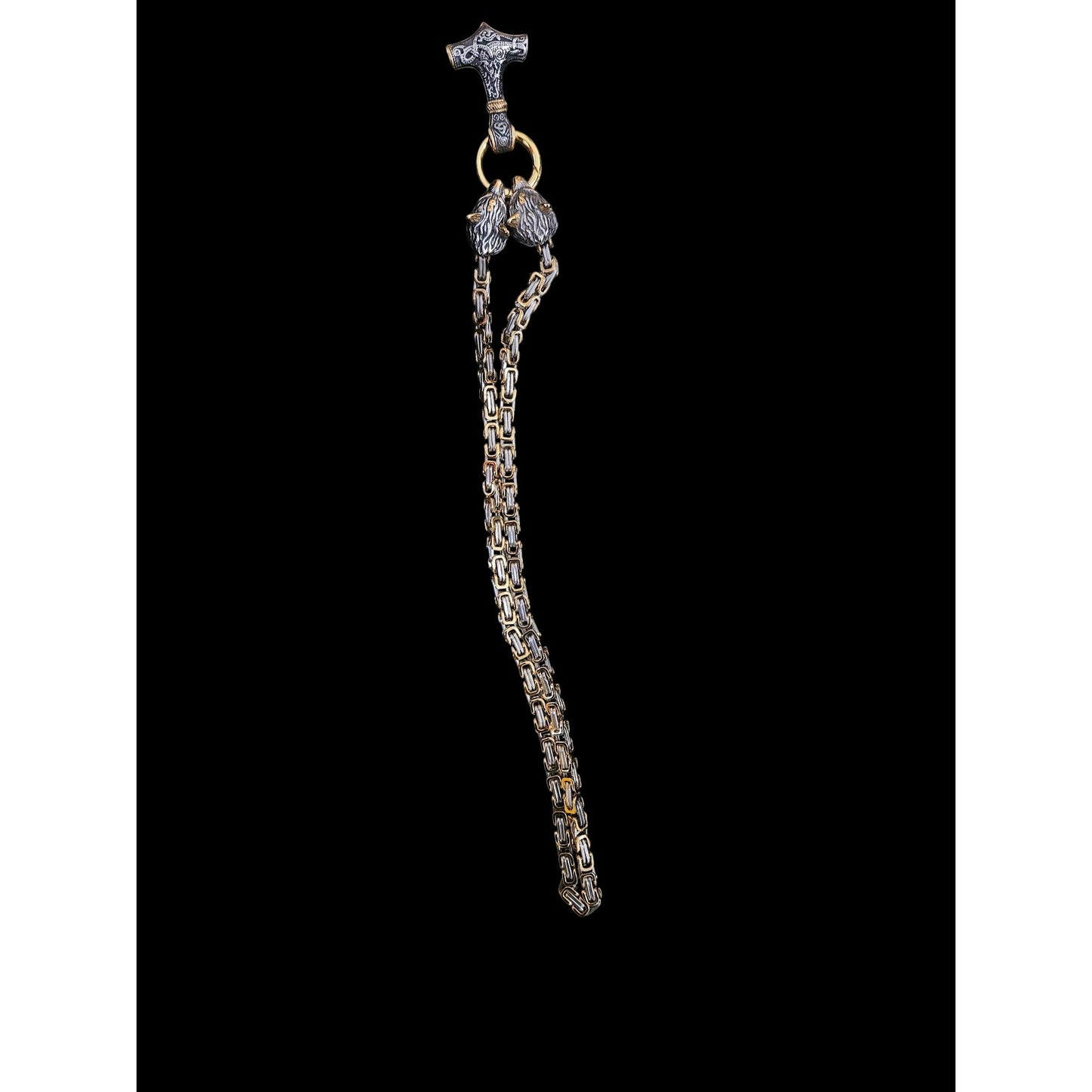 Viking Wolf Heads Necklace With Mjolnir Pendant Chain