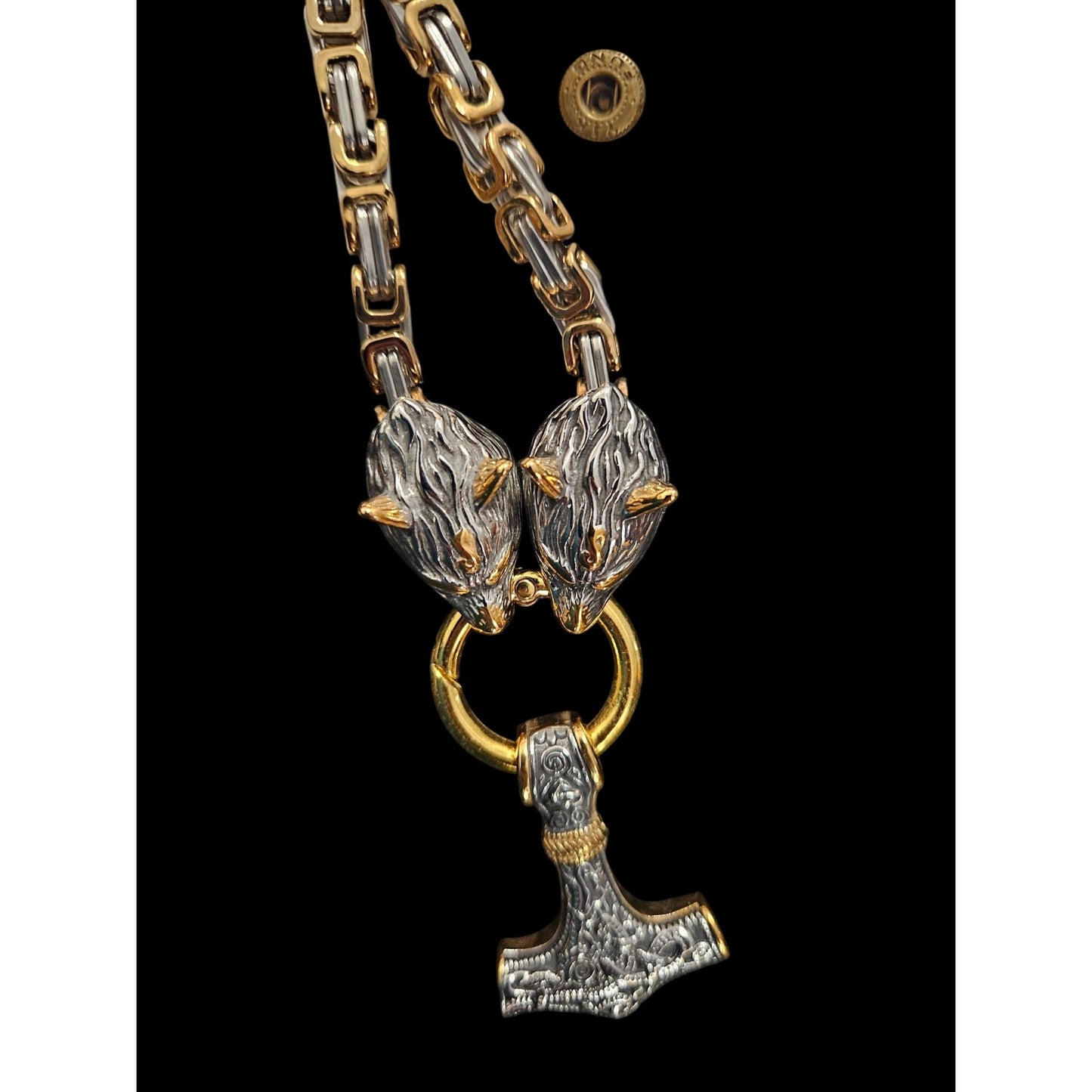 Viking Wolf Heads Necklace With Mjolnir Pendant Chain