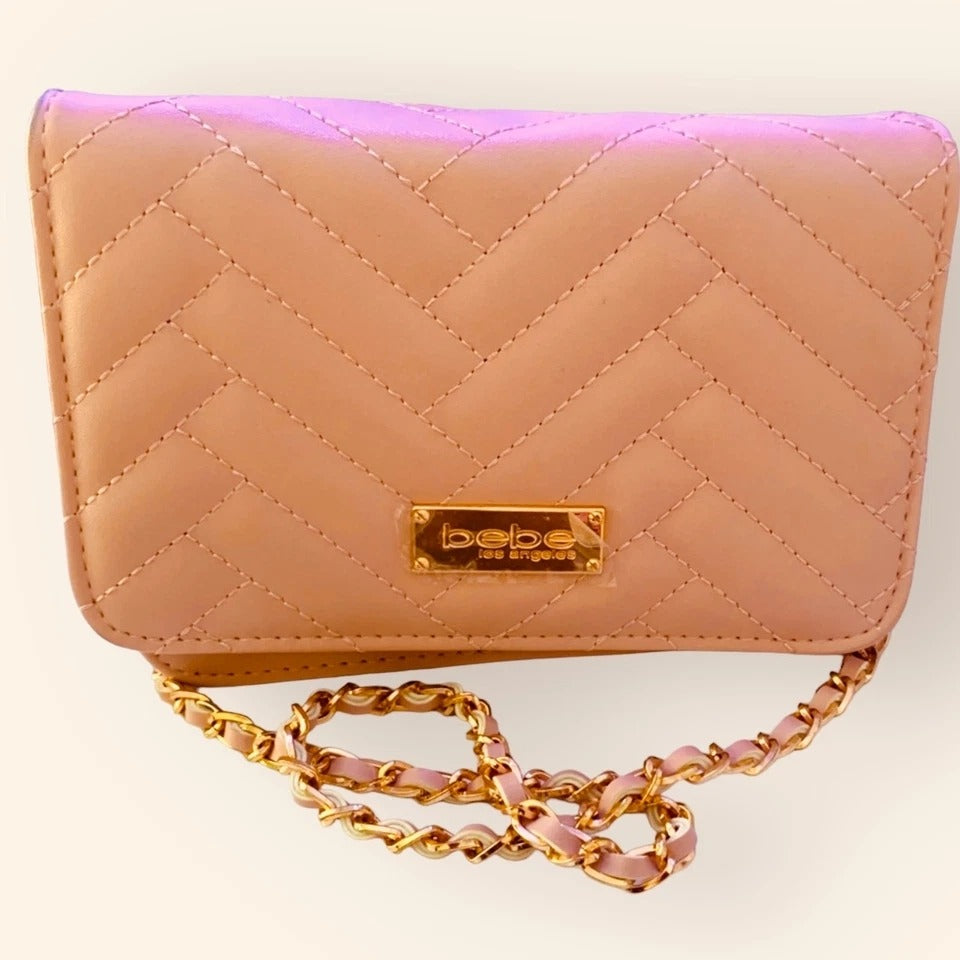 Bebe Quilted Faux Leather Crossbody Wallet Purse With Gold Chain Strap Pink